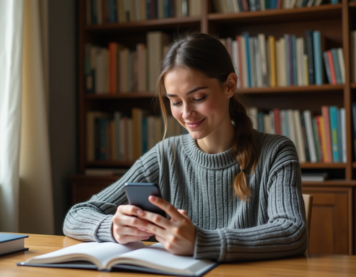 Jeune femme saisissant un code de rachat Chapters sur son smartphone dans un bureau à domicile confortable