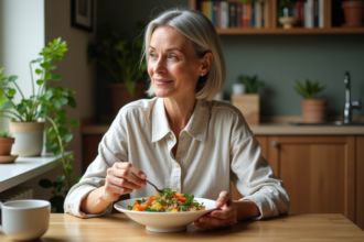 Femme mangeant une salade de quinoa dans une cuisine chaleureuse