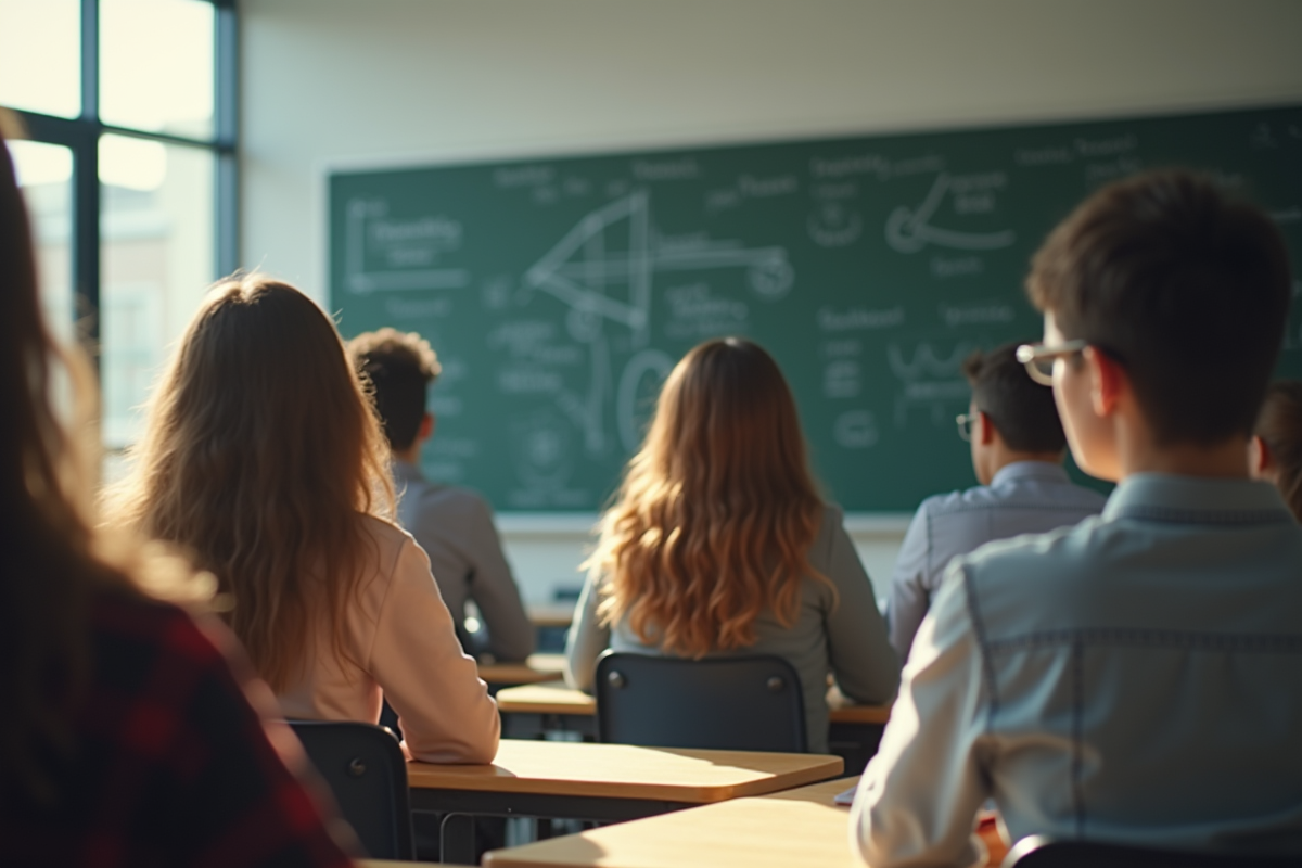 Salle de classe moderne avec étudiants attentifs et tableau