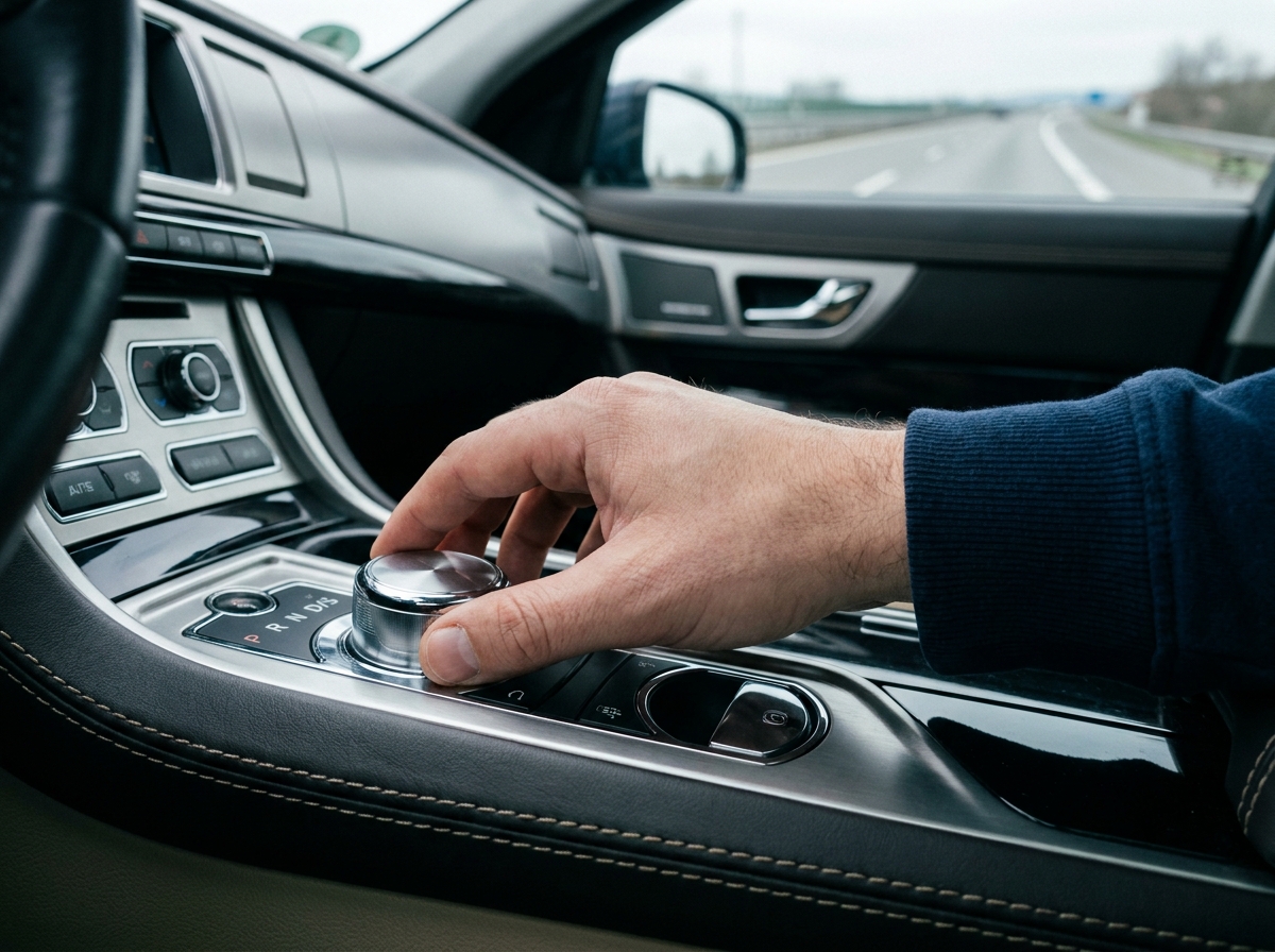 Gros plan sur le sélecteur de boîte automatique d'une voiture moderne, main d'homme posée sur le levier