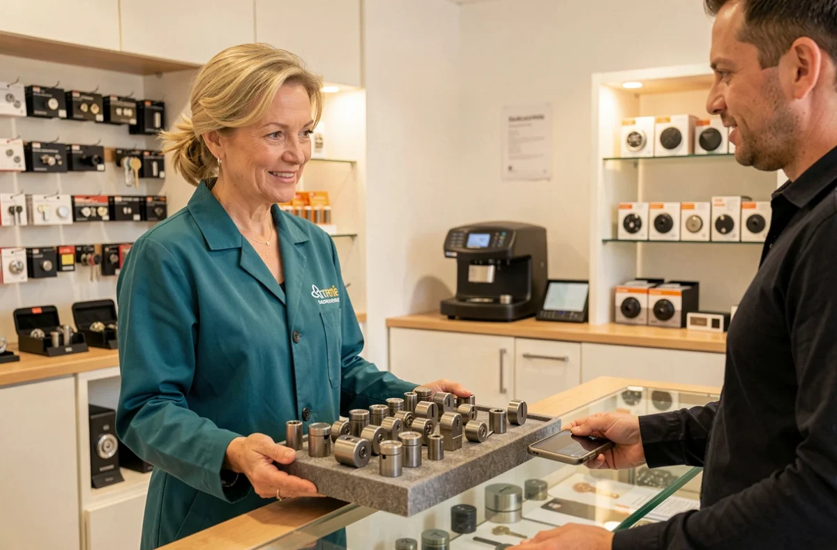 Catherine de la Serrurerie SEA présentant des cylindres de serrure à un client dans sa boutique à Caen