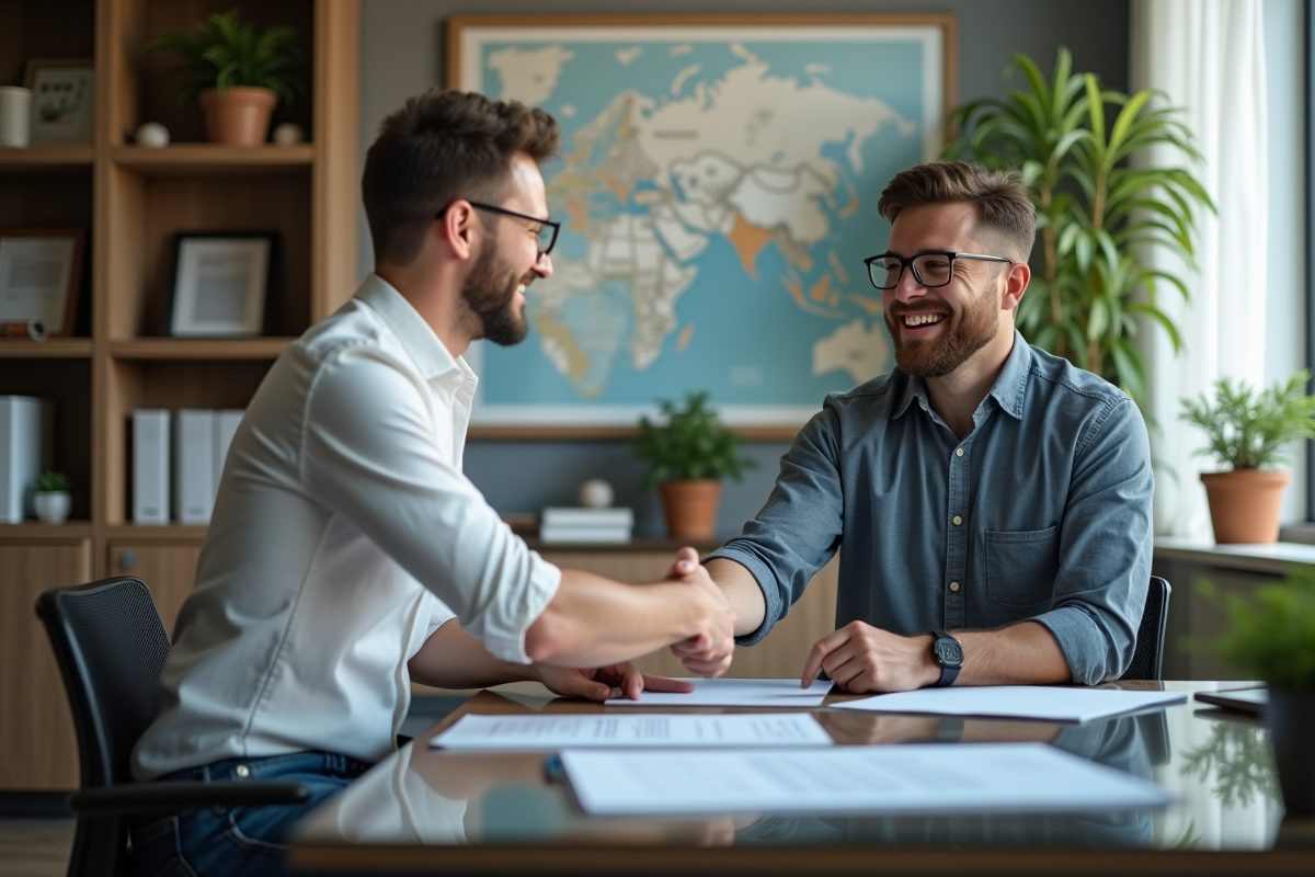 Jeune homme serrant la main d un agent immobilier dans un bureau