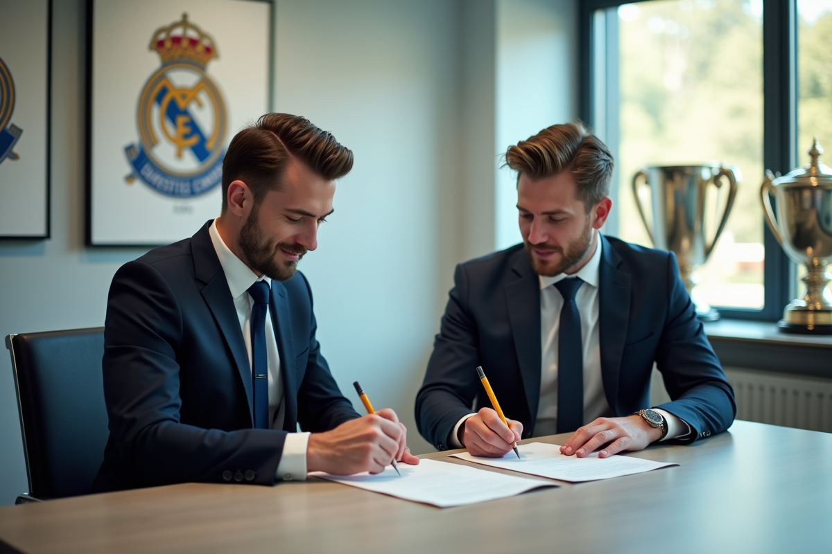 Professionnels signant un contrat de transfert dans un bureau moderne
