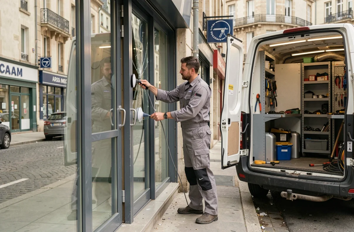 Technicien SOS Serrurerie Vitrerie remplaçant une vitre brisée sur une devanture commerciale à Caen