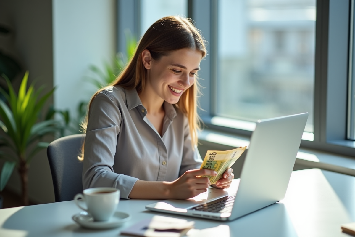 Stagiaire enthousiaste comptant des billets euros sur un bureau