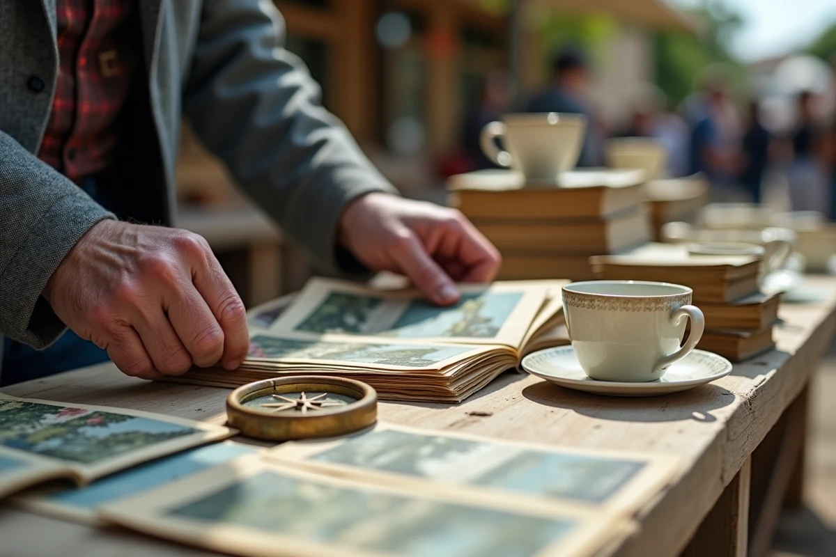 Homme feuilletant des cartes postales anciennes sur un stand de vide grenier en plein air