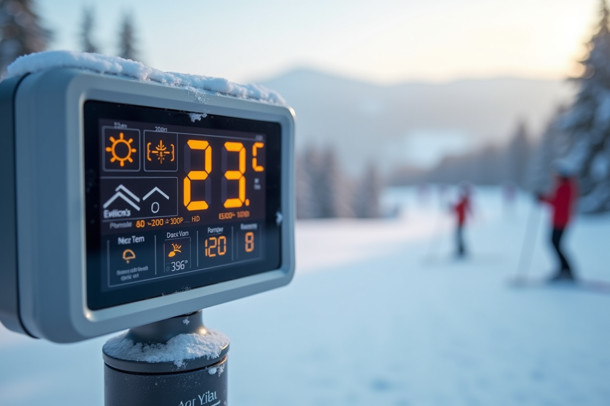 Station météo extérieure affichant la température au ski