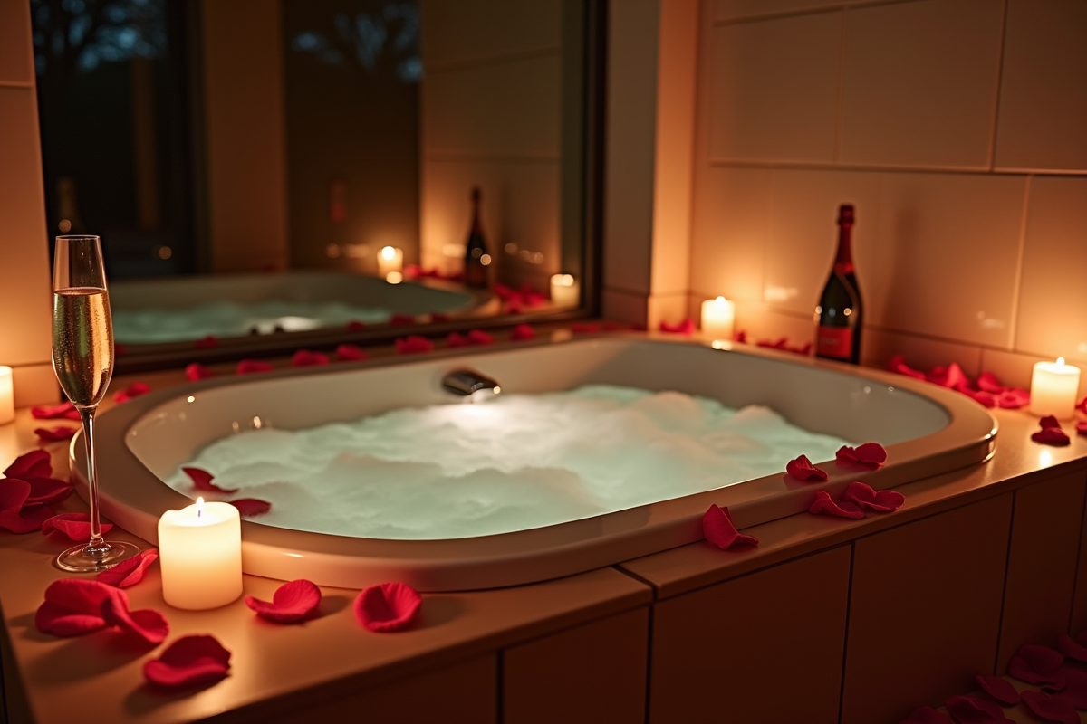 Espace spa romantique dans une suite moderne à Lille la nuit