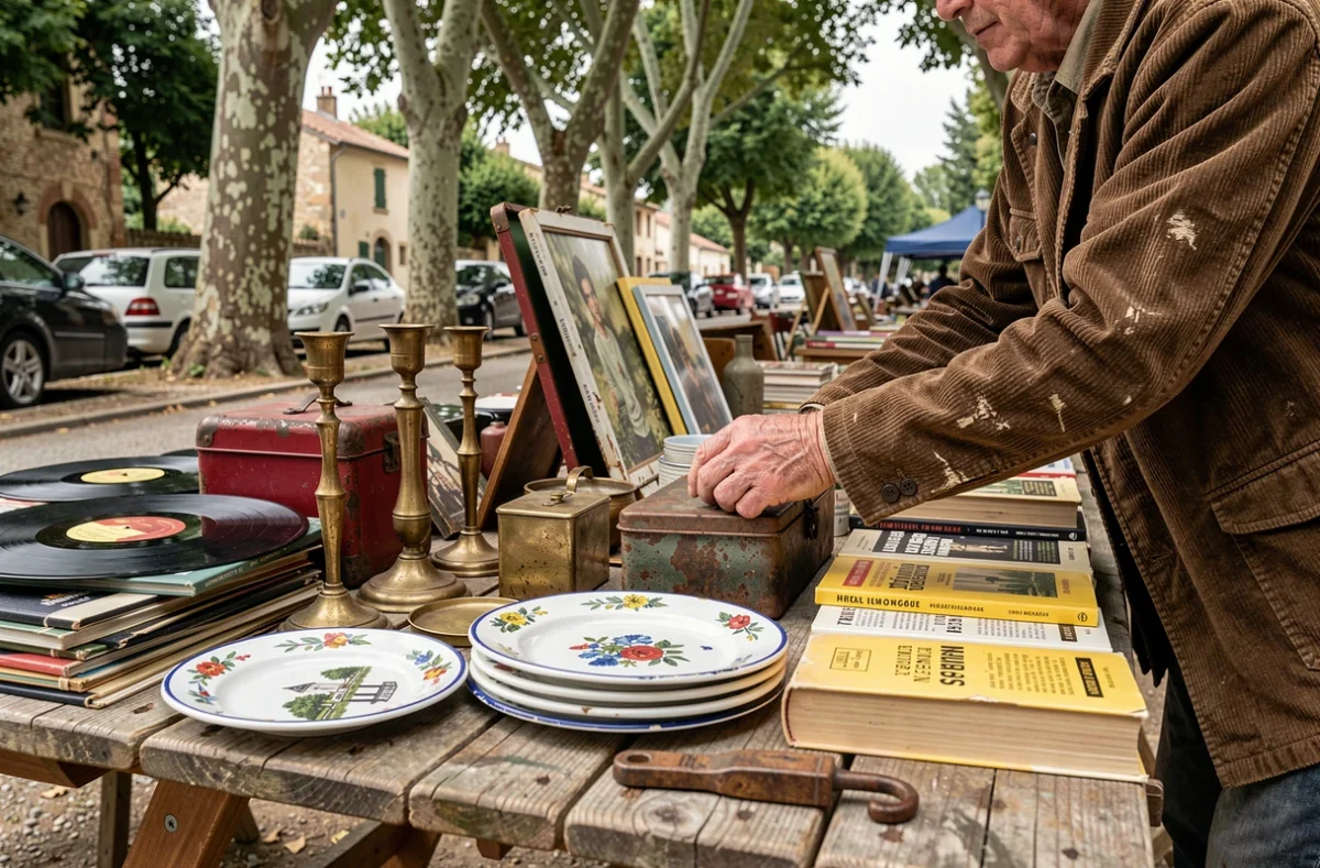 Table de brocante avec objets vintage et antiquités lors d'un vide grenier en Auvergne ce week-end