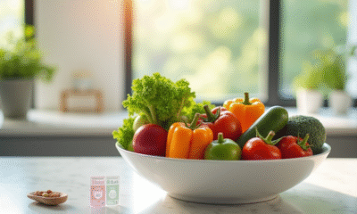 Table de cuisine moderne avec fruits et légumes frais