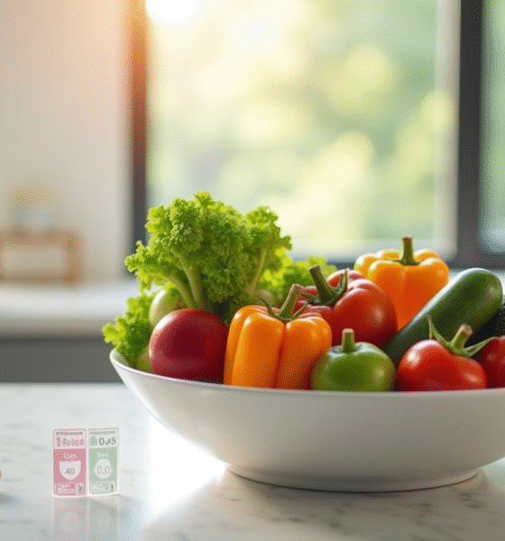 Table de cuisine moderne avec fruits et légumes frais