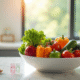 Table de cuisine moderne avec fruits et légumes frais