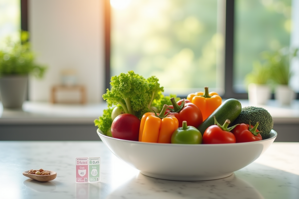 Table de cuisine moderne avec fruits et légumes frais