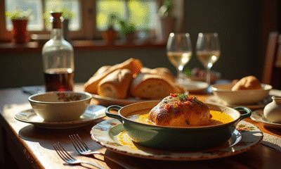 Table rustique avec plat de lapin en sauce moutarde