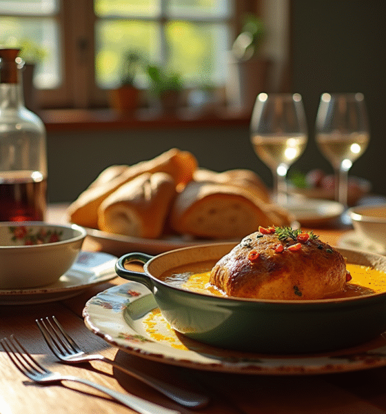 Table rustique avec plat de lapin en sauce moutarde