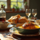 Table rustique avec plat de lapin en sauce moutarde