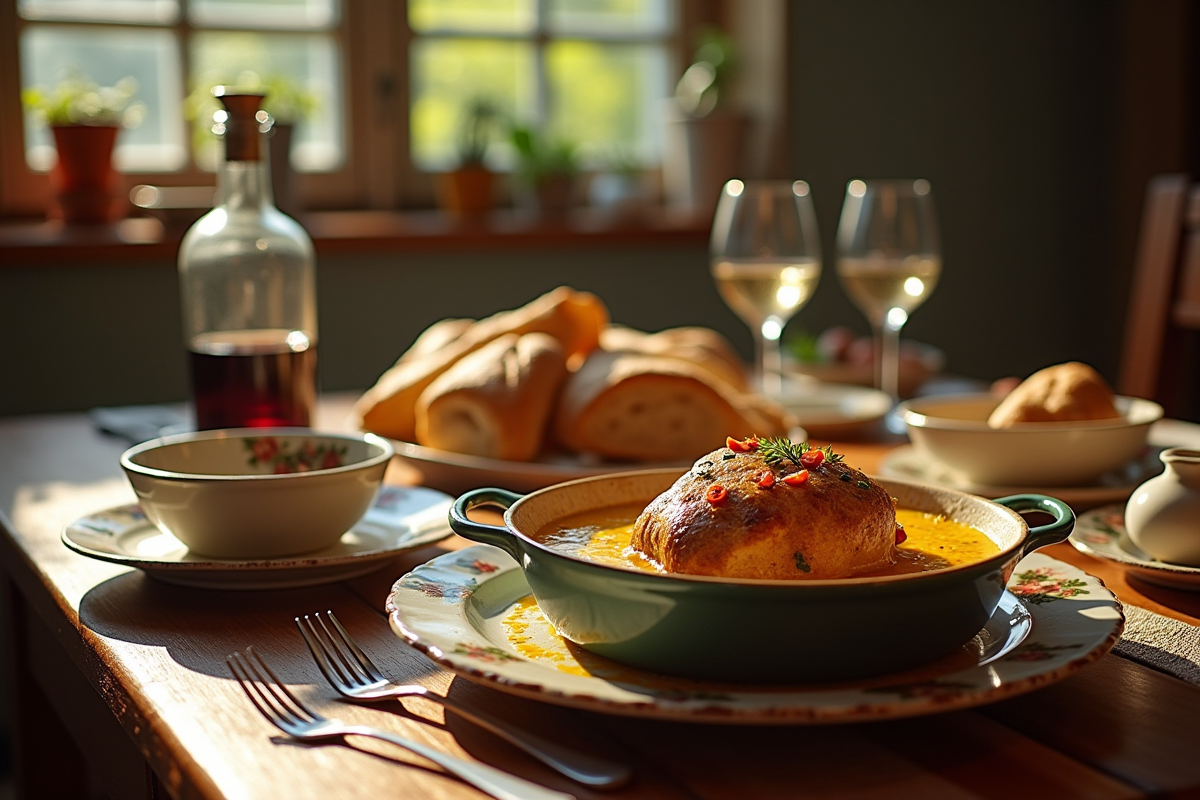 Table rustique avec plat de lapin en sauce moutarde