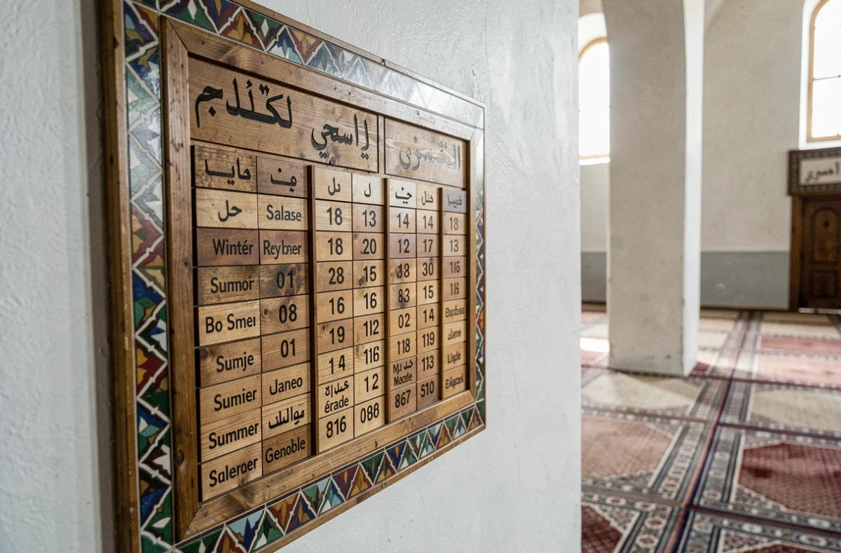 Tableau des horaires de prière saisonniers affiché dans une mosquée de Grenoble montrant les variations entre hiver et été