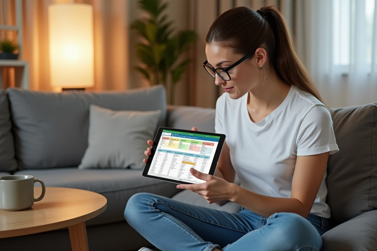 Jeune femme consultant un tableau Excel de conversion de kilogrammes en tonnes sur une tablette à la maison