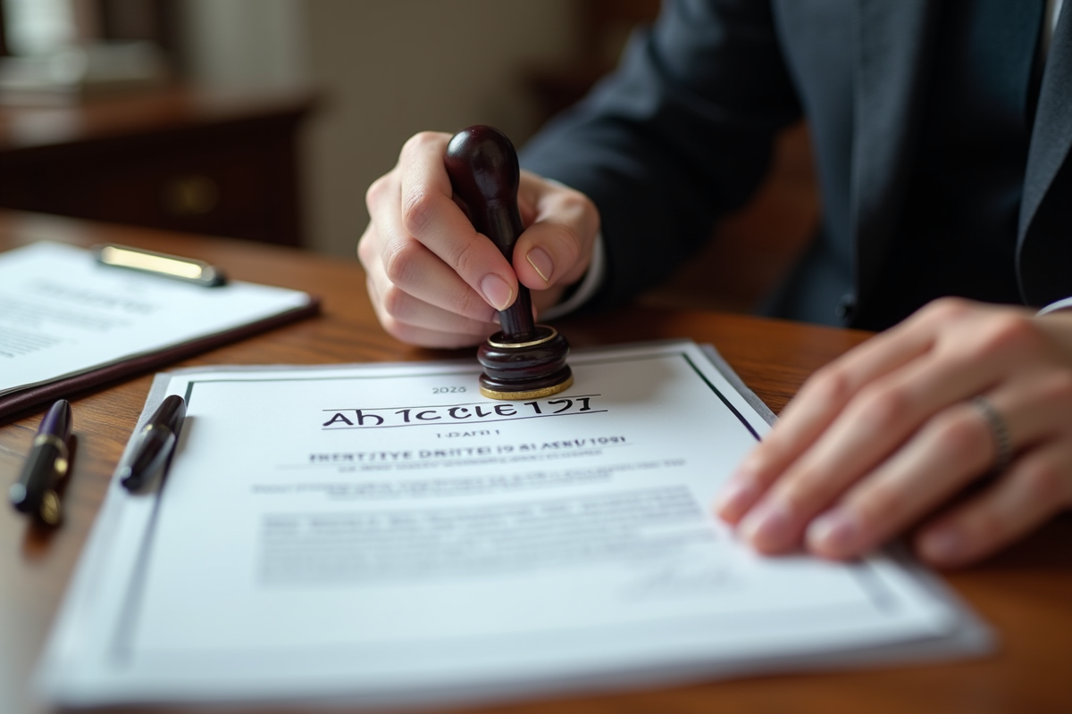 Gros plan sur tampon sur document article 1217 en office notarial