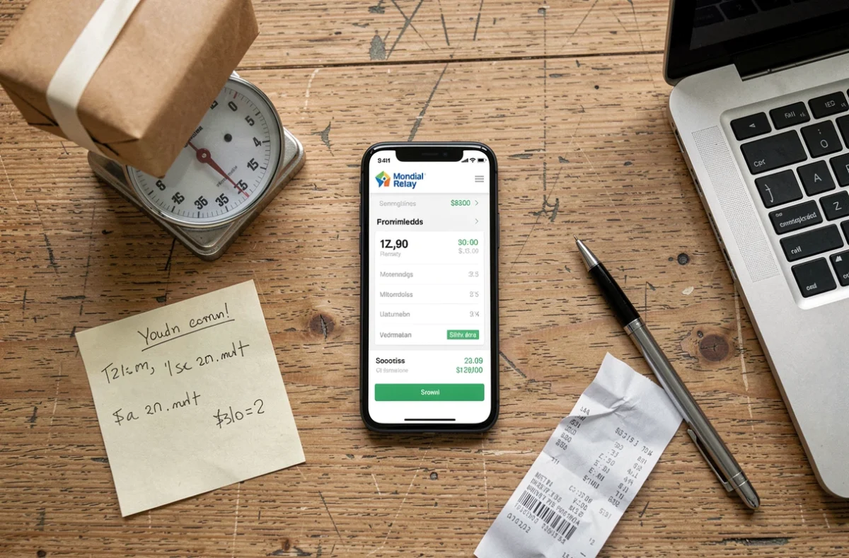 Vue aérienne d'un bureau avec smartphone affichant les tarifs Mondial Relay et une balance pour colis Le Bon Coin