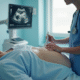 Technicien en ultrasound effectuant un examen médical dans une salle lumineuse