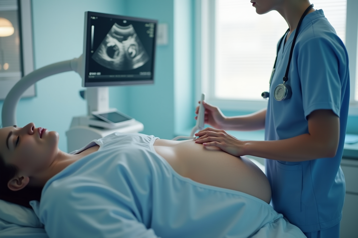 Technicien en ultrasound effectuant un examen médical dans une salle lumineuse