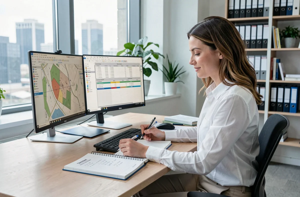Urbaniste utilisant un logiciel SIG pour convertir des hectares en kilomètres carrés sur un double écran dans un bureau de planification territoriale