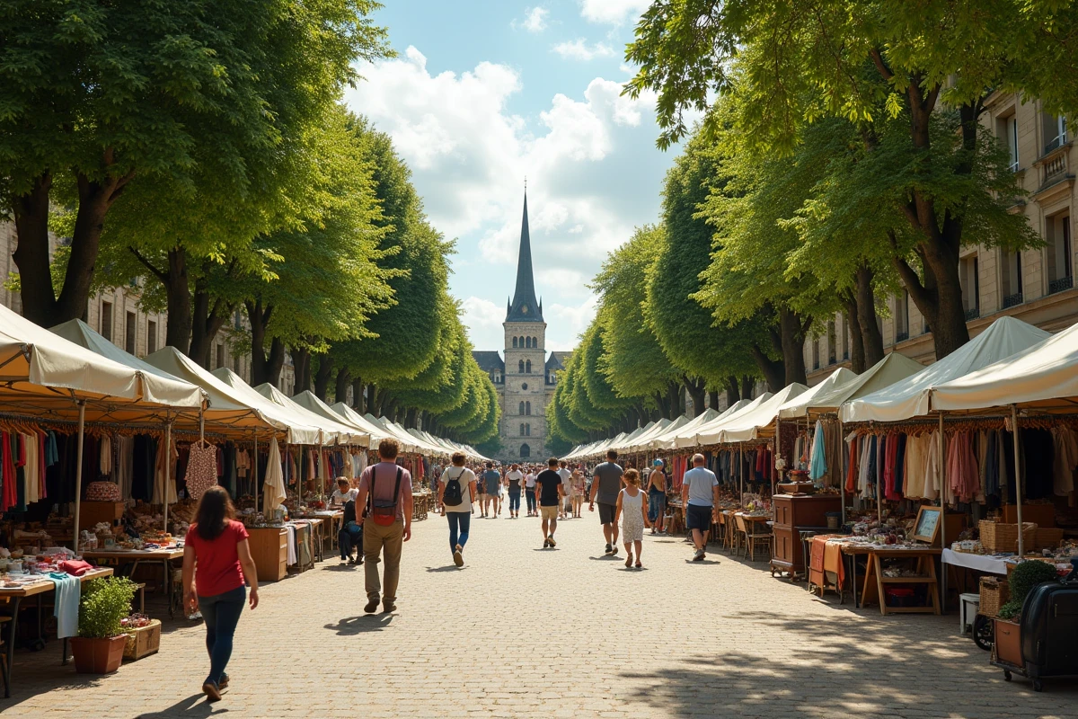 Vue panoramique d'un vide grenier animé sur une place de village dans l'Ain avec de nombreux stands et visiteurs