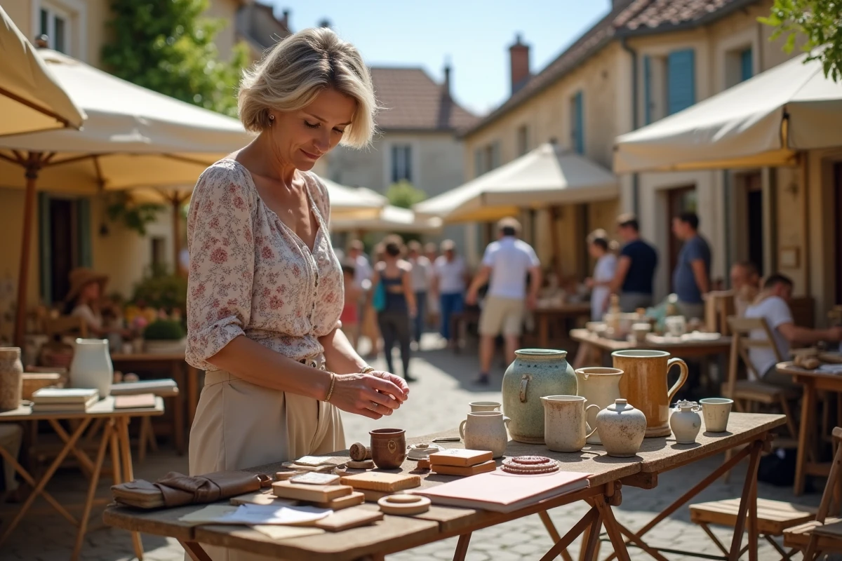 Femme vendant des objets anciens sur une table lors d'un vide grenier en plein air dans un village de l'Ain