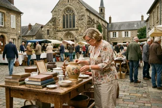 Femme examinant une vase ancienne lors d'un vide grenier animé sur une place de village en Haute-Loire
