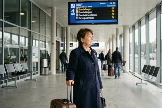 Voyageuse à l'arrêt de bus de Sarreguemines consultant les horaires sur un panneau d'affichage numérique avant une correspondance vers l'Allemagne