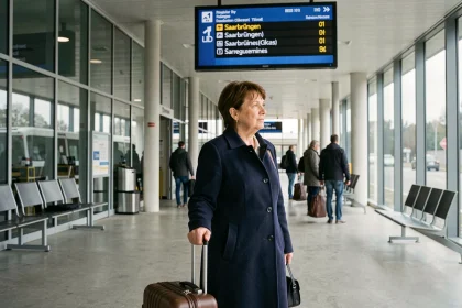 Voyageuse à l'arrêt de bus de Sarreguemines consultant les horaires sur un panneau d'affichage numérique avant une correspondance vers l'Allemagne