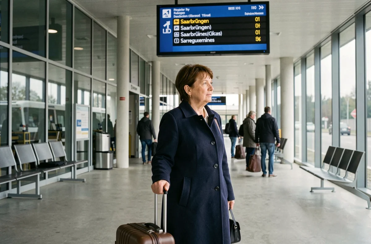 Voyageuse à l'arrêt de bus de Sarreguemines consultant les horaires sur un panneau d'affichage numérique avant une correspondance vers l'Allemagne