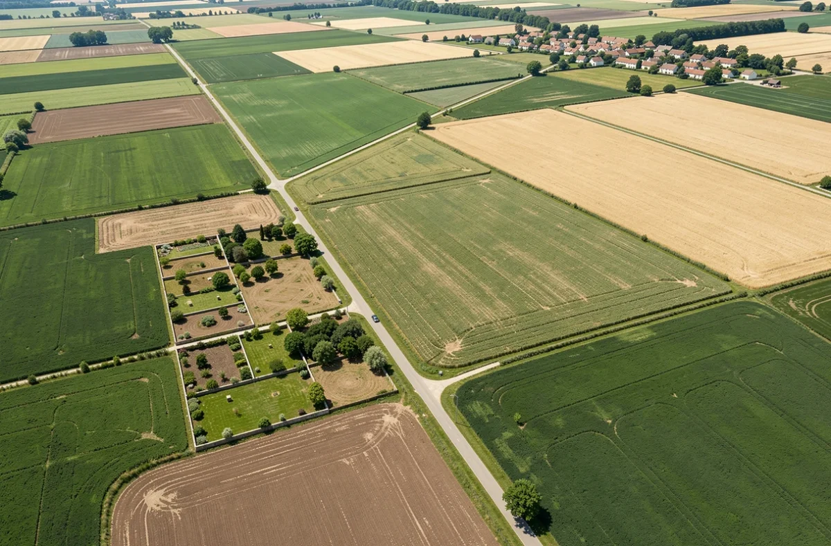 Vue aérienne de parcelles agricoles aux dimensions variées en milieu rural français, illustrant la différence d'échelle entre hectares et kilomètres carrés
