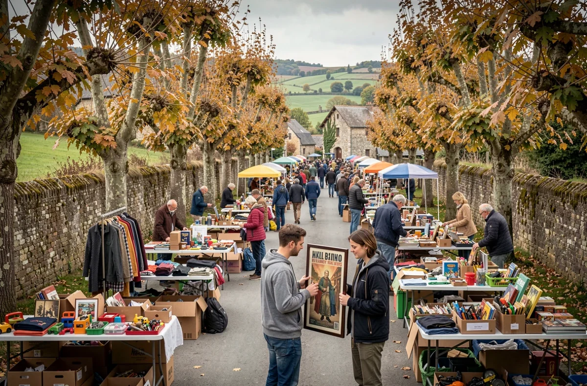 Vue panoramique d'un vide grenier animé dans un village de Haute-Loire avec visiteurs et vendeurs le week-end