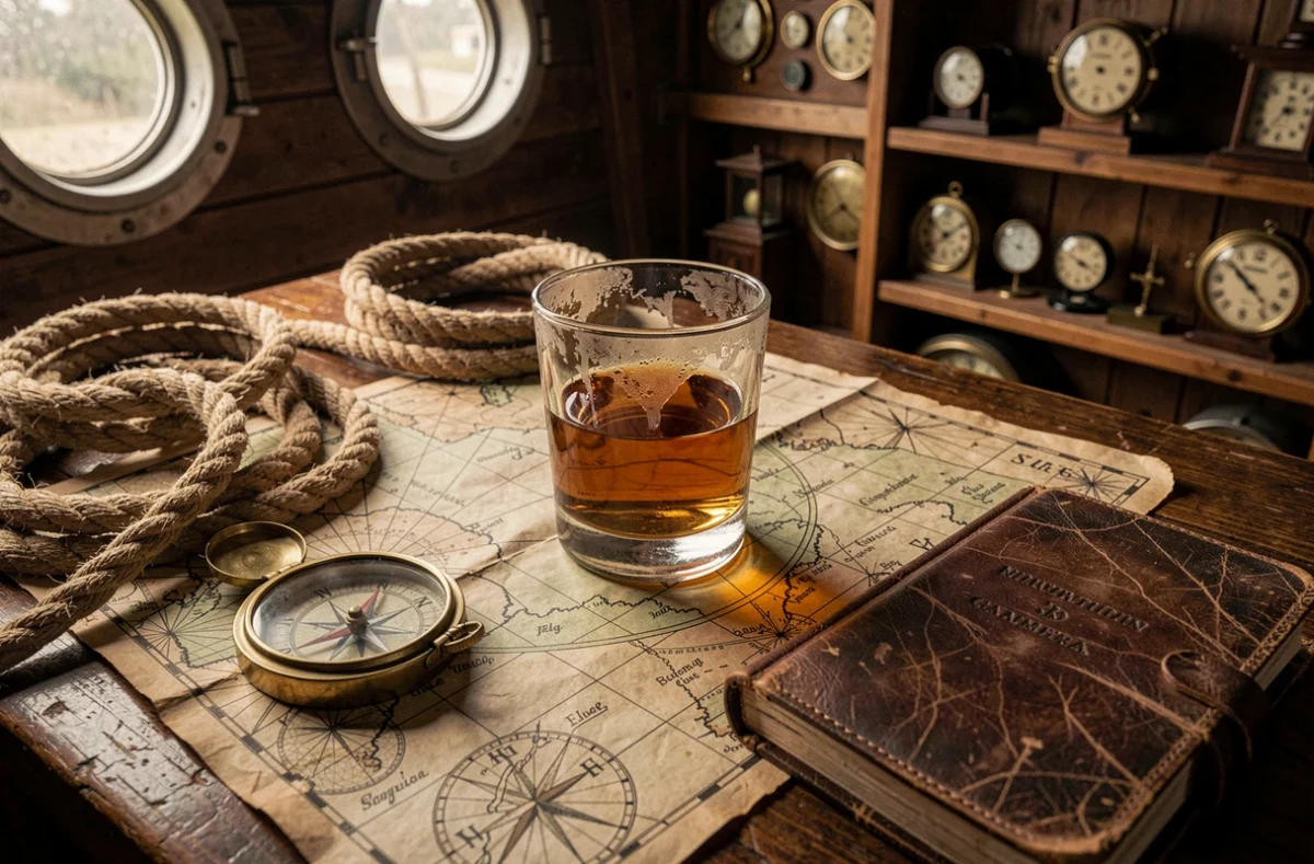 Verre de whisky écossais posé sur une carte nautique ancienne avec boussole et carnet de bord de capitaine